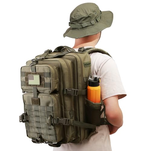 Hannibal Tactical 45L MOLLE Assault Backpack, Tactical Backpack Military Army Camping Rucksack with Bottle Holder, 3-Day Pack Trip w/USA Flag Patch, D-Rings, Olive - color: Olive, size: 45L