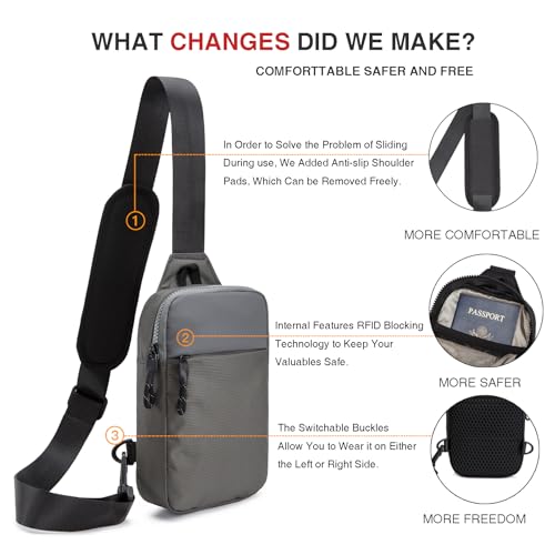 higouta Mini Sling Bag for Men Women, RFID Blocking Crossbody Backpack Casual Utility Chest Phone Bag for Travel Workout - color: Grey