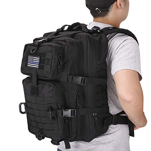 Hannibal Tactical MOLLE Assault Backpack, Tactical Backpack Military Army Camping Rucksack, 3-Day Pack Trip w/USA Flag Patch, D-Rings, Black - color: Black