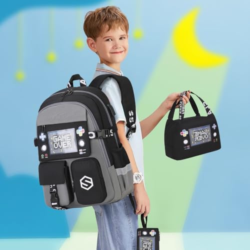 Scothen Boys Backpack, Cool Luminous School Backpacks for Boys with Lunch Bag Pencil Case, Kids Backpack Kindergarten Elementary Middle School Book Bags for Teen Boy Children with USB Charging Port - color: Gray