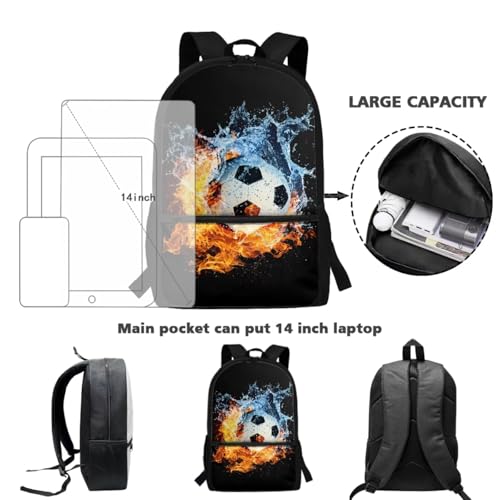 ZOUTAIRONG Large Capacity Bookbag for School and Small Insulated Water Bottle, School Bags for Age 7-10/10-12/12-16, Flaming Water Soccer Design Backpack with Side Pockets - color: Flaming Water Soccer Design