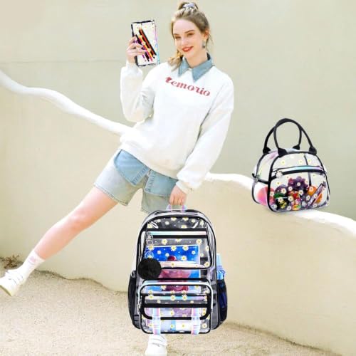 UFNDC 3PCS Girls Clear Bookbag, Chrysanthemum Black See Through Backpack Heavy Duty, Transparent PVC School Bag - color: Black Chrysanthemum Clear Backpack Set