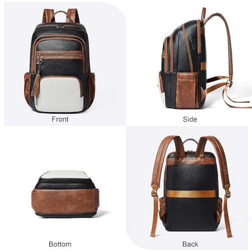Shrrie 17 Inch Faux Leather Laptop Backpack for Women with Large Cup Holder - color: Black and Beige With Caramel Brown