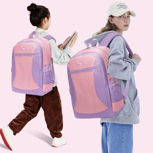 Girls Backpack for Kids Back to School Bag Pink Purple Bookbag Big Child Children Book Bag Ages 8-10 10-12 Years Old Large Gifts Tween Middle High Schoolbag Back to School with Laptop Compartment 18" - color: Purplepink