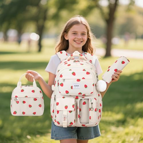 ACESAK Backpack for Girls - Girls Backpack with Lunch Bag & Pencil Pouch for Teen Kids Laptop Backpack for Women, Elementary Middle High School Bookbag Travel Daypack (Beige Strawberry) - color: Beige Strawberry