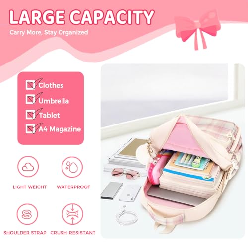 Cute Backpack for Girls, Large Capacity Kids Bookbag for Elementary Middle School Students Waterproof Kawaii Preppy Aesthetic Plaid Backpack Age 4-16 with Cute Accessories (Black) - color: Black