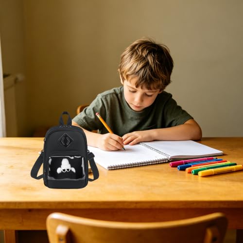 Large Capacity Kids Backpack Pencil Case Pen Bag with Clear Pocket, Cute Kawaii Pen Pouch Organizer with Adjustable Strap & Plush Doll Keychain for School Girls Boys (Black) - color: Black