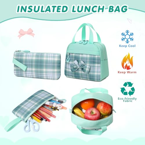 GeeWin School Backpack for Girls, Bookbags Back Pack School Bag for Teen Girl Elementary Middle School Student, Cute Stylish Plaid Girls Backpack with Matching Insulated Lunch Bag & Pencil Bag (Green) - color: Green