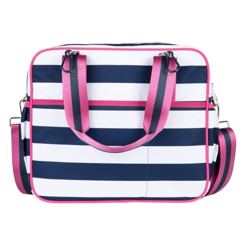 Cute Prepster Pickleball Bag for Women with Fence Hook, Tote with Pockets for Water Bottle, Paddles, Balls, Accessories - color: Navy Stripe/pink