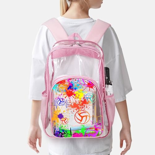 Volleyball Clear Backpack Heavy Duty for Girls Kids Boys Women | Large Cool PVC Volleyball Theme Printing Transparent Backpacks for Schools Stadium Concerts Work - Clear/Pink - color: Volleyball Clear Backpack 1 Pink With Front Pocket