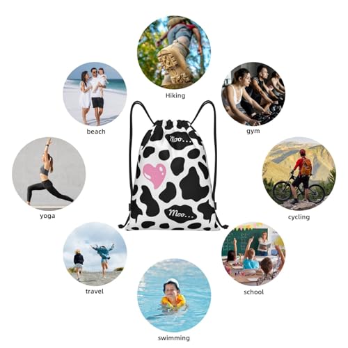 Gianlaima Black And White Cow Print Love Heart Cute Pink Drawstring Bags Backpack Sport Ball Bag Sport Gym Sack Drawstring Bag String Bag Yoga Dance Travel Bag For Men Women - color: Black4