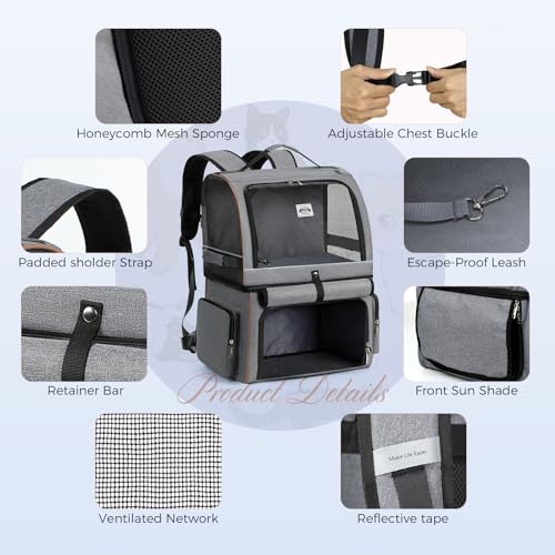 Double Cat Backpack Carrier for 2 Cats, Double-Compartment Pet Carrier Backpack for Two Small Cat or One Medium Cat, Cats Carrier Backpack Dog Carrier Backpack Fits Up to 24 Lbs,Grey - color: Grey