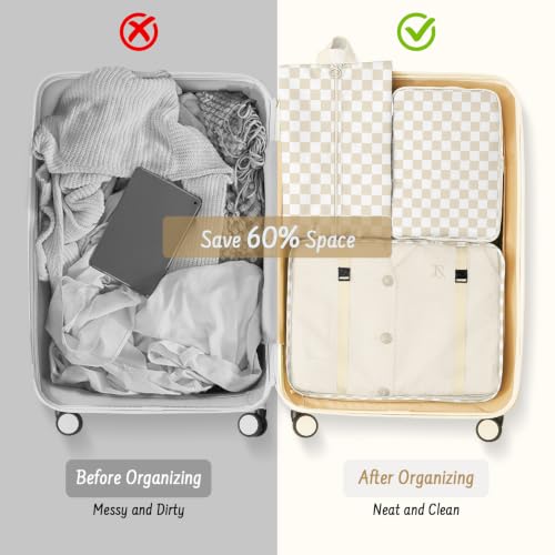 9 Set Packing Cubes for Travel Essentials - Lightweight Carry-On Luggage Organizer Bags with Shoe, Clothes & Laundry Bags for Airplane, Family & Business Travel, Beige checkered - color: Beige checkered
