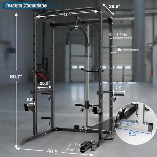ULTRA FUEGO Power Cage, Multi-Functional Power Rack with J-Hooks, Dip Handles, Landmine Attachment and Optional Cable Pulley System for Home Gym - size: Power Cage Black With Pulley System