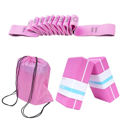 2 Pack Yoga Blocks 350g High Density, Non-Slip EVA Foam Brick with Bonus 11 loops Yoga Strap & Carry Bag, Pilates Block Set for Balance, Flexibility, Meditation, Home Gym & Studio - color: Pink Brick & Pink Band