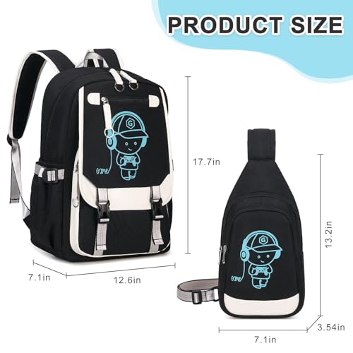 Bevalsa Backpack for Boys, Cool Luminous Boys Backpack with Sling Bag, Lunch Box & Pen Case, School Bags for Kids Children Teens Elementary Middle Schools, Bookbag Glow In The Dark (Black) - color: Black