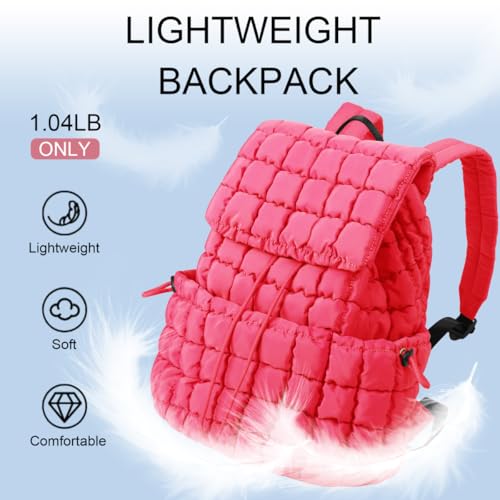 XSUIOY Quilted Backpack Purse for Women Small Lightweight Puffer Puffy College Laptop Backpack Nylon Casual Bookbag Daypack Top Flap Drawstring Padding Hiker Travel Gym Backpack(Rosered) - color: Rosered