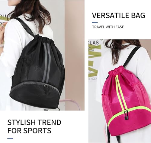 Drawstring Backpack Gym Bag with Shoe Compartment - Ideal for Basketball, Swimming, Beach Activities, Unisex - color: Black
