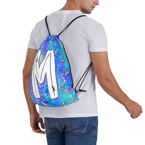 Drawstring Backpack Bag Sport Gym Sackpack Initial Blue Draw String Cinch Bags Bulk String Backpack Storage Bag for Women Men Letters M - color: Letters M