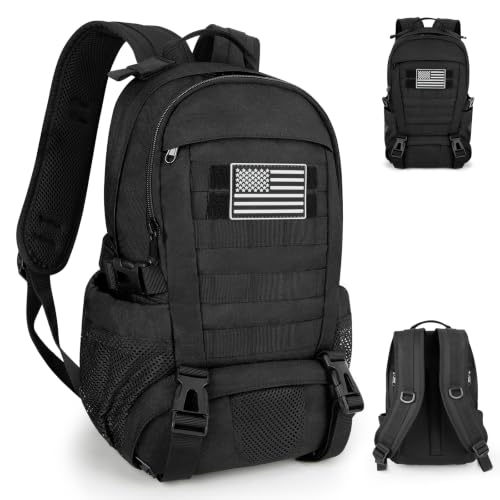 Jueachy Tactical Backpack for Men Hiking Day Pack Molle Military Rucksack Waterproof 30L EDC Bag with USA Flag Patch - color: 10l Black