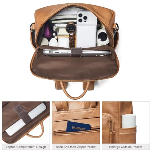 Shrrie 15.6 inch Laptop Backpack for Women,Large Leather Purse,Travel Backpacks Carry on,Water Resistant Casual Laptop Backpacks,College Backpack,Work Backpack for Women,Two-tone Camel Brown - color: Two-tone Camel Brown