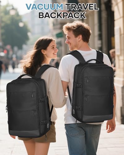 BOXSAM Vacuum Travel Backpack with Pump for Women Personal Item Carry on Backpacks 18x14x8 inches Flight Approved Laptop Waterproof Work Compression bags Casual Daypack Black - color: A1-black