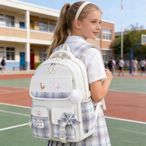 NSEQB Girls Backpack,Kids School Backpack With Lunch Box Pencil Case Set,Cute Childrens Schoolbag For Girls - color: Beige-2PCS