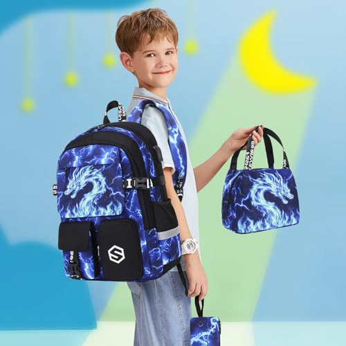 Scothen Boys Backpack, Cool Luminous School Backpacks for Boys with Lunch Bag Pencil Case, Kids Backpack Kindergarten Elementary Middle School Book Bags for Teen Boy Children with USB Charging Port - color: Blue Dragon