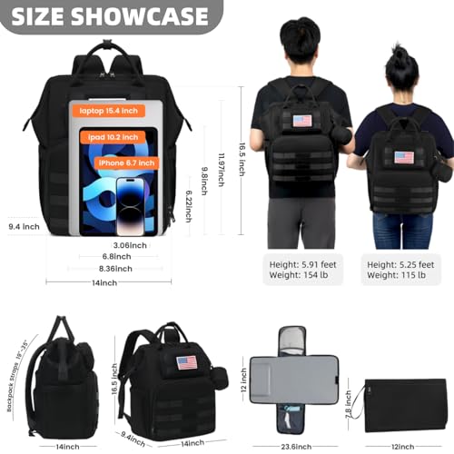 ROSEGIN Diaper Bag Backpack for Dad and Men, Large Travel Baby Bag with Changing Pad, Pacifier Case, Removable Flag Patch - Baby Shower Gifts - Shadow Black - color: Shadow Black