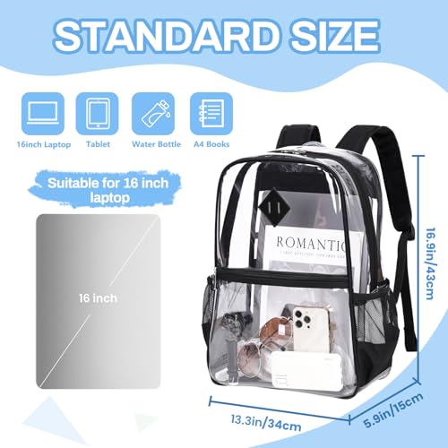 MUSEVOS Clear Backpack Stadium Approved, Heavy Duty See Through Book Bag, Black Transparent - color: Black Transparent