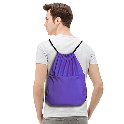 Drawstring Backpack Sports Water Resistant String Bag Sport Gym Sackpack for Women Men Large with Zipper, Purple - color: Purple