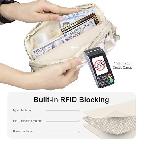 FODOKO Wristlet wallets for women Nylon Quilted Wallet with 4 Zippers,Travel Credit Card,Holder Cell Phone Organizer - color: Beige