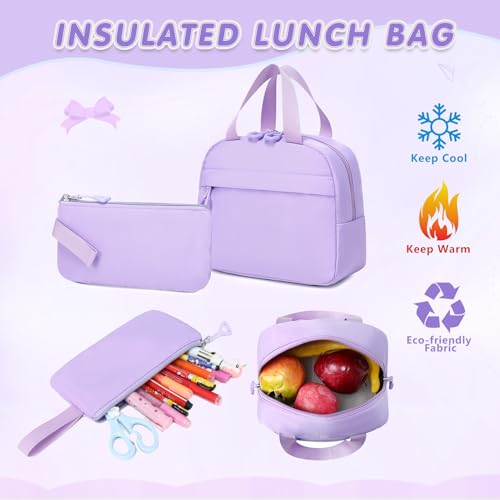 GeeWin Backpacks for Girls, Girls Backpack with Lunch Box & Pencil Case Set, 17 Inch Waterproof Girl Bookbag with Lots of Pockets for Kids, Teens, Elementary Middle High College School Student(Purple) - color: Purple