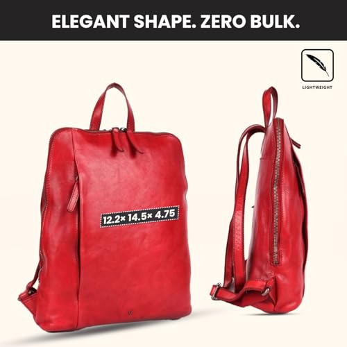 12.5 Inch Genuine Leather Backpack for Women and Men, Red Leather Backpack with Adjustable Shoulder Strap - color: Red