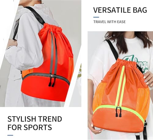 Drawstring Backpack Gym Bag with Shoe Compartment - Ideal for Basketball, Swimming, Beach Activities, Unisex - color: Red