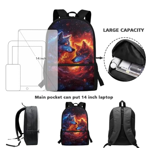 ZOUTAIRONG Boys Backpack and Cute Mini Thermos, Flaming Wolf Design Fashion Casual Backpack with Side Pockets 2 Piece School Bag Set for School Travel - color: Flaming Wolf