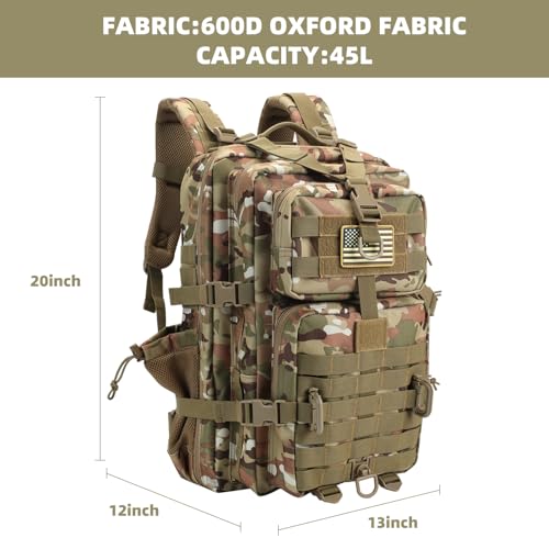 Hannibal Tactical 45L MOLLE Assault Pack, Tactical Backpack Army Military Camping Rucksack with Bottle Holder, 3-Day Pack Travel Trip w/USA Flag Patch, D-Rings, CP Camo - color: Cp, size: 45L
