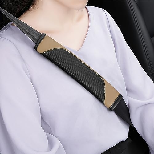 AUCELI 2PCS Car Seat Belt Cover, Carbon Fiber Seatbelt Shoulder Strap Covers, Breathable Leather Soft Harness Pad Protect Your Neck and Shoulder Compatible with Cars - color: Black/Beige