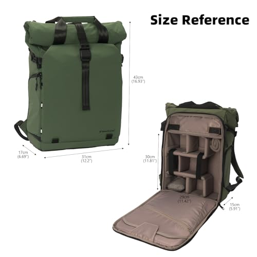 Besnfoto Camera Backpack, Expandable Roll Top Waterproof Photography Bag with Modular Dividers, Professional Camera Case for DSLR SLR Mirrorless Drones, Fits Up to 15.6 Inch Laptop - color: Green