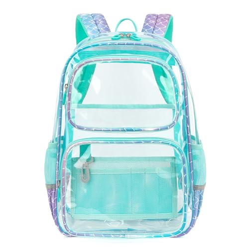 Sisipoet Clear Backpack for Girls, Heavy Duty PVC Transparent Bookbag for School, Funny Kids Backpacks with Mermaid Print, Blue - color: Mermaid