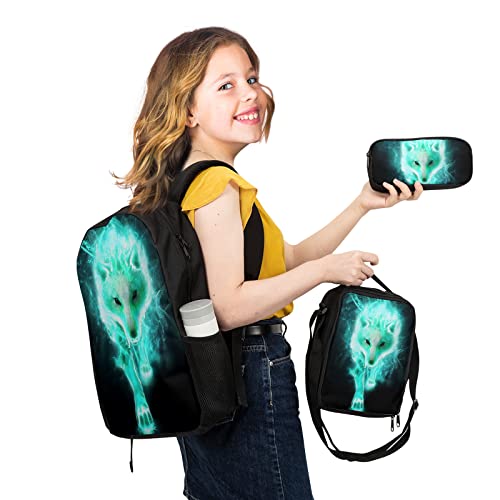 Giwawa Cyan Wolf Backpack 3-Piece Set, Cool Wilderness Animal Pattern Bookbag Lunch Bag Stationery Holder Case for School College Students Daily Essentials Camping Trips Outdoor Travel - color: Cyan Wolf