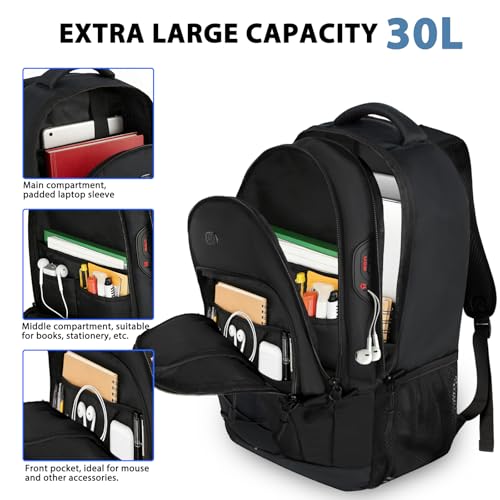 Goloni Laptop Backpack for Men Women, 17 Inch Travel Backpack with USB Charging Port, Water Resistant Lightweight Backpack with Compartments, 30L Casual Daypack,Black - color: Black