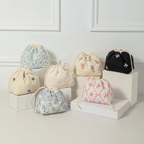 Cotton Quilted Drawstring Makeup Bag with Canvas Lining,Coquette Aesthetic Cute Travel Toiletry Bag,Drawstring Gift Bag for Women and Girls(04White Bear) - color: 04White Bear