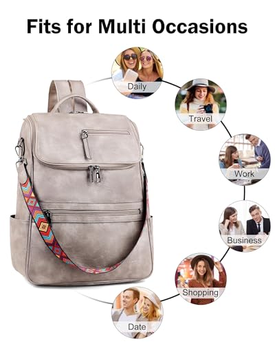FADEON Laptop Backpack for Women Leather Travel Backpack with Laptop Compartment, Designer PU Shoulder Laptop Bag Grey - color: Grey Retro Style