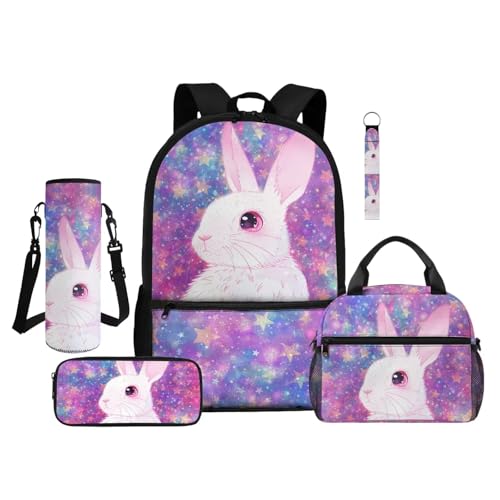 ZDCUSTOM Kids School Backpack Set 5 Pieces, Bunny Bookbag for Boys Schoolbags with Lunch Box, Pencil Bag, Cup Sleeve, Keychain, Schoolbags with Side Pockets, Back to School Supplies for Girls - color: Bunny