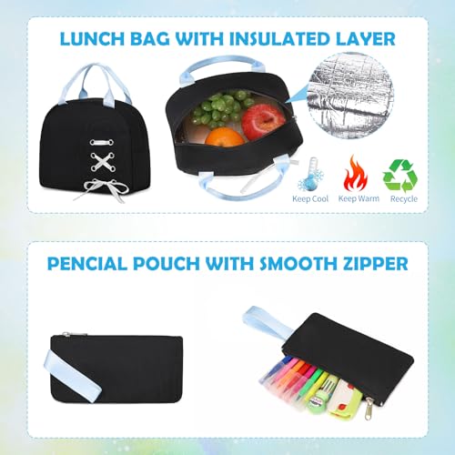 Backpacks for Girls, Girls Backpack with Lunch Box and Pencil Case for Teen Kids Elementary Middle High School College Student, Children Backpack Bookbag with USB Charging Port (Black Blue with Chain) - color: Black & Blue With Chain