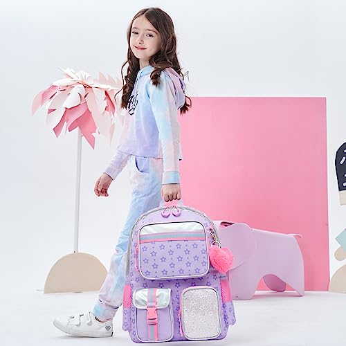 Meetbelify Aesthetic Backpack for Girls - School Backpack with Lunch Box for Elementary to Teen Girls, Cute School Bag, Purple - color: Star Purple 3pcs