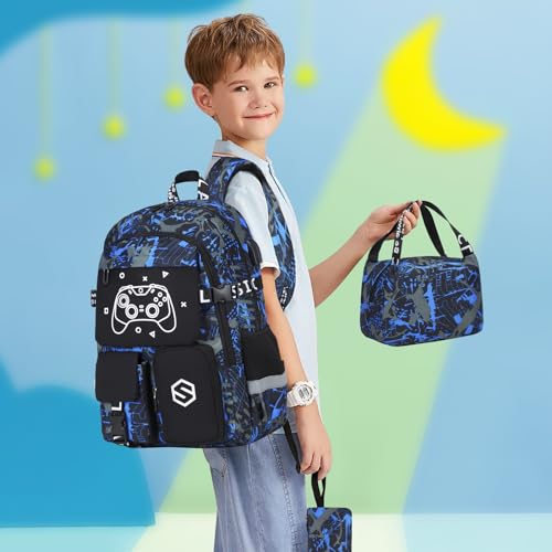 Scothen Boys Backpack, Cool Luminous School Backpacks for Boys with Lunch Bag Pencil Case, Kids Backpack Kindergarten Elementary Middle School Book Bags for Teen Boy Children with USB Charging Port - color: Cool Blue