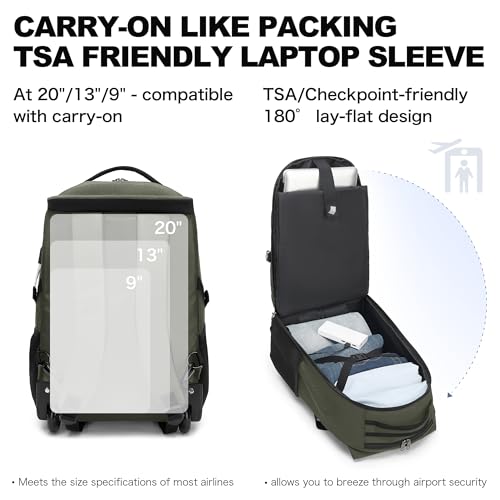 Boavan Rolling Backpack,17 inch Water Resistant Wheeled Backpack,Carry on Luggage Business Bag, Overnight College Computer bag Trolley Suitcase for Men Women Adults to Travel,Green - color: Green, size: 17.3 inches
