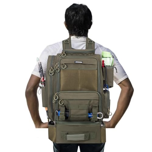 BLISSWILL Large Fishing Backpack with Cooler for 3 Tackle Boxes - Fishing Bag with Rod Holders for Camping and Hiking - color: Army Green